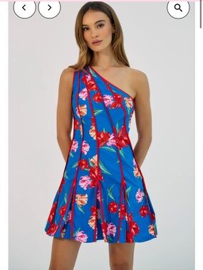hutch blue red floral print one shoulder flared A-line mini sun dress small NEW